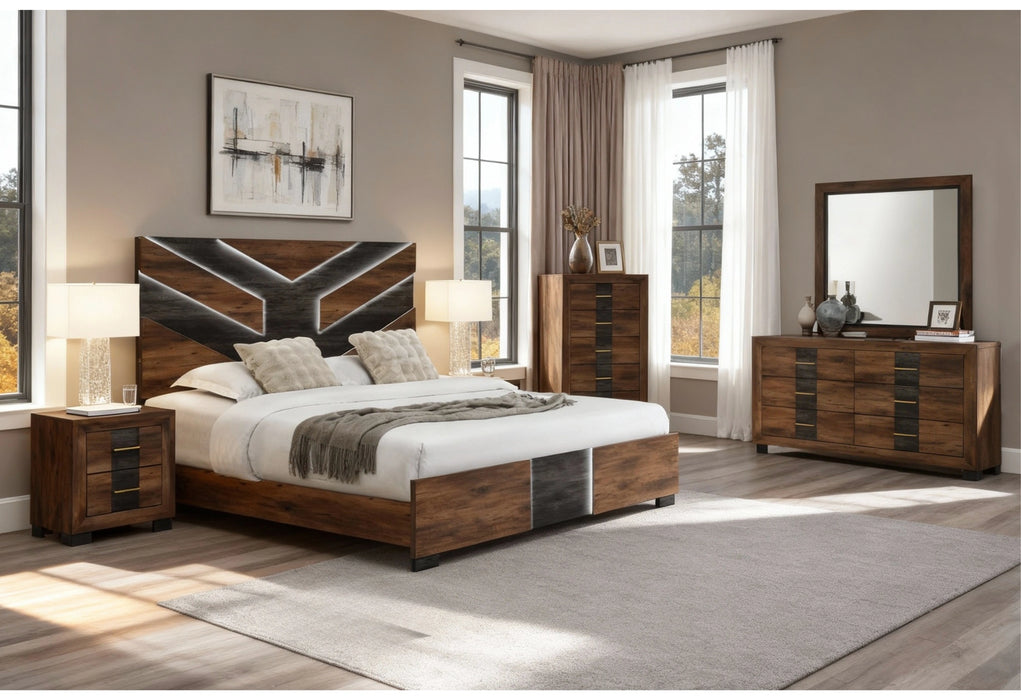 Optimus Brown/Black Bed, Dresser, Mirror and Nightstand